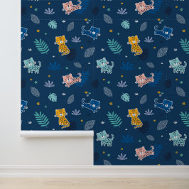 Papel Pintado Leopardos mullidos con hojas de selva azul oscuro