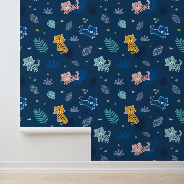 Papel Pintado Leopardos mullidos con hojas de selva azul oscuro (Solicitud)