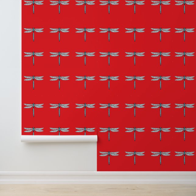 Papel Pintado libélula azul en rojo (Solicitud)