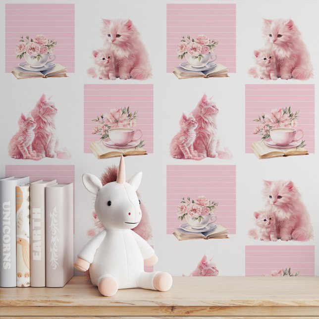 Papel Pintado Libros y franjas meowgicas: palo y palo rosado (Meowgical Books & Stripes: Pink Peel and Stick Wallpaper)