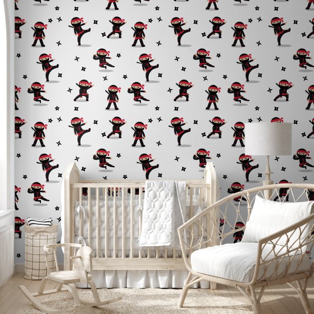 Papel Pintado Lindo Ninja Guerrero Niños Patrón Negro y Rojo (Niños)