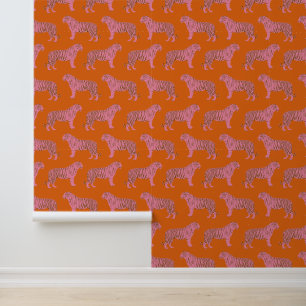 Papel Pintado Lindo patrón de arte boho naranja y rosa de tigre