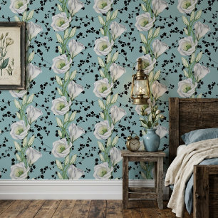 Papel Pintado Lindo Patrón Floral Azul Caprichoso de Negro y Bla