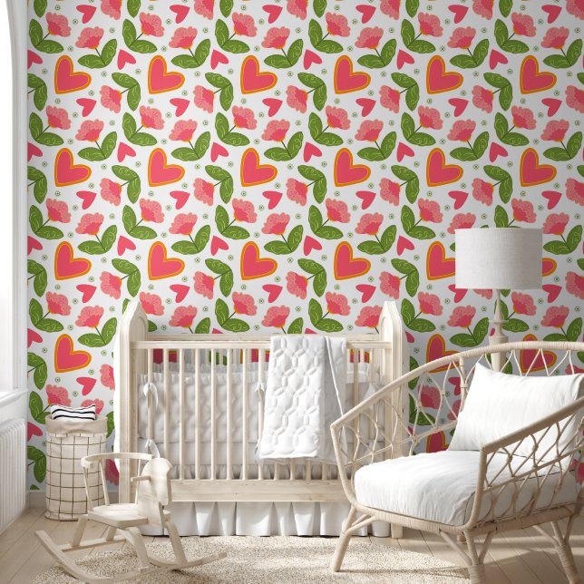 Papel Pintado Lindo Pink Green Hearts Floral Whimsical Pattern (Niños)