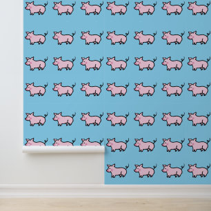 Papel Pintado lindos cerdos rosados en azul
