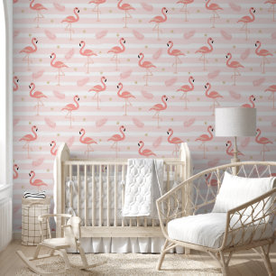 Papel Pintado Lindos Flamingos y Plumas Suaves Rosa Chic