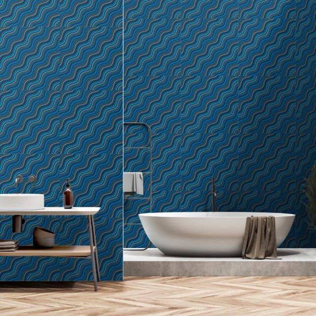 Papel Pintado Líneas de onda turquesa psicodélicas (Baño)