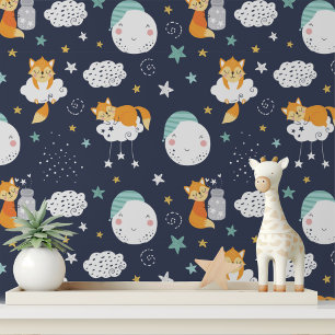 Papel Pintado Little Fox Cute Moon Stars Kids Pattern