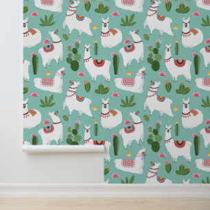 Papel Pintado Llamas Cutas Sobre El Patrón Verde azulado