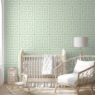 Papel Pintado Llave griega grande blanca y verde té pastel