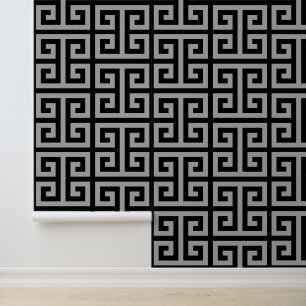Papel Pintado Llave Griega Grande Gris Negro y Plateado