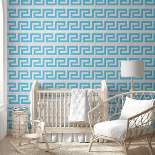 Papel Pintado Llave Griega Mosaico Falso Azul Egeo sobre Blanco