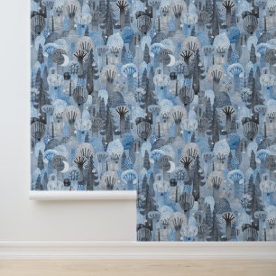 Papel Pintado Lobo acuarela en el bosque nocturno invernal azul