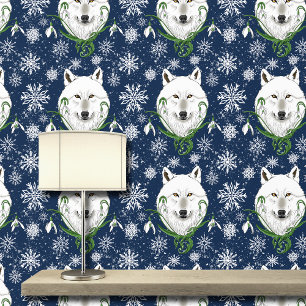 Papel Pintado Lobo Ártico Blanco Místico Flor de Invierno Azul
