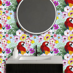 Papel Pintado Loro Guacamayo Rojo Floral Hibisco Blanco Tropical
