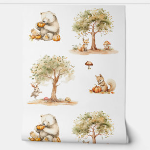 Papel Pintado Los animales y calabazas de Woodland caen en el bo