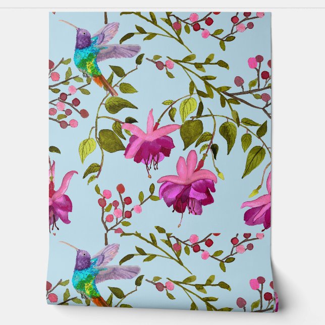 Papel Pintado Los Aves Hummingbirds Mueven A Fuchsia Bougainvill (Desenrollar)