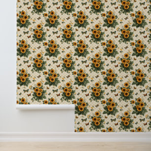 Papel Pintado Los girasoles y las mariposas en amarillo claro