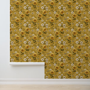 Papel Pintado Los girasoles y las mariposas en fondo amarillo 1