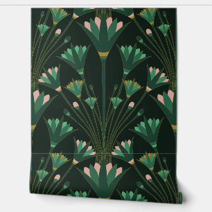 Papel Pintado Loto Art Déco - Loto de vieira - Verde esmeralda