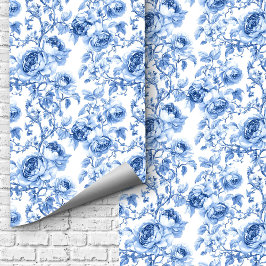 Papel Pintado Lovely Dusty Blue Toile Roses Floral Pattern