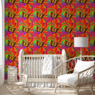 Papel Pintado Luces coloridas vuelan mariposa dorada