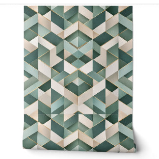 Papel Pintado Lujo verde salvia y patrón geométrico dorado