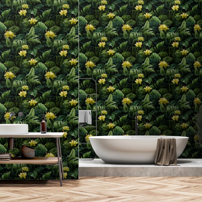 Papel Pintado Lujosas hojas tropicales verdes y oscuras (Baño)