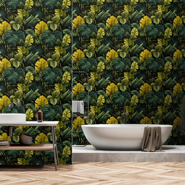 Papel Pintado Lujosas hojas tropicales verdes y oscuras (Baño)