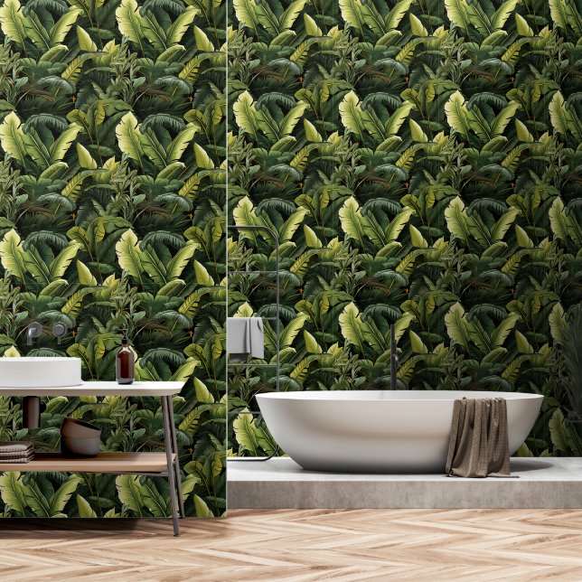 Papel Pintado Lujosas hojas tropicales verdes y oscuras (Baño)