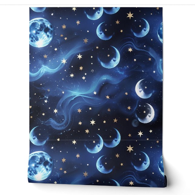 Papel pintado - Luna Celestial Azul Zafiro (Desenrollar)