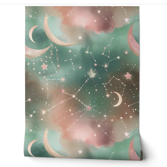 Papel pintado - Luna Celestial Beige Verde Esmeral (Desenrollar)