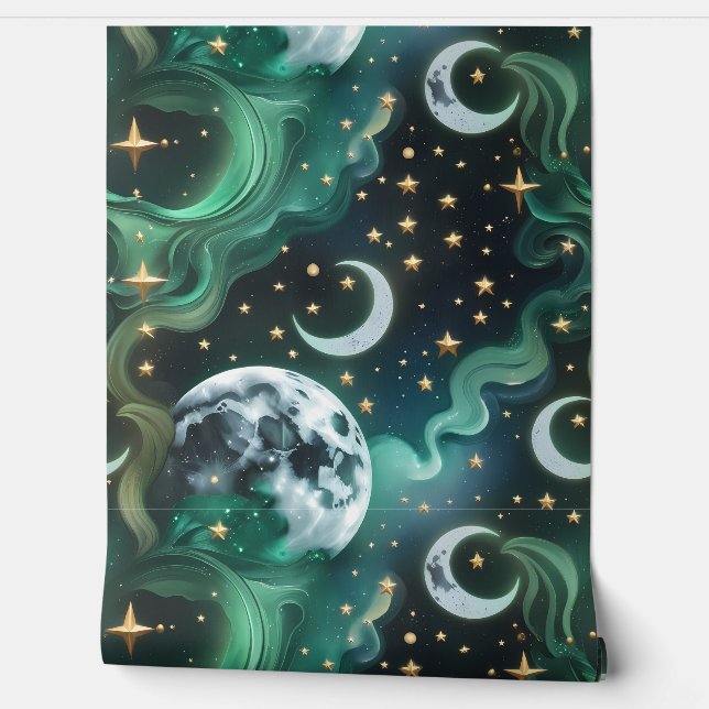 Papel pintado - Luna Celestial Verde Esmeralda (Desenrollar)