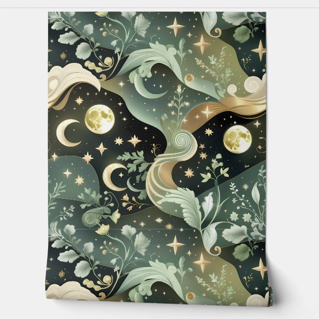 Papel pintado - Luna Celestial Verde Salvia (Desenrollar)
