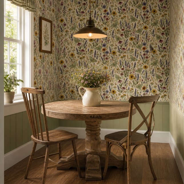 Papel Pintado Luna Moth y Flores Silvestres Floral  (Wildflower wallpaper blooms with farmhouse charm bright light, natural wood, and timeless country )