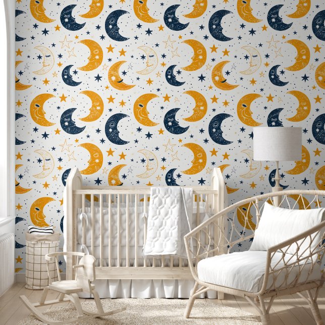 Papel Pintado Luna y estrellas amarillas azules (Niños)