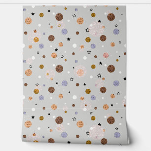 Papel Pintado Lunares multicolores sobre gris.