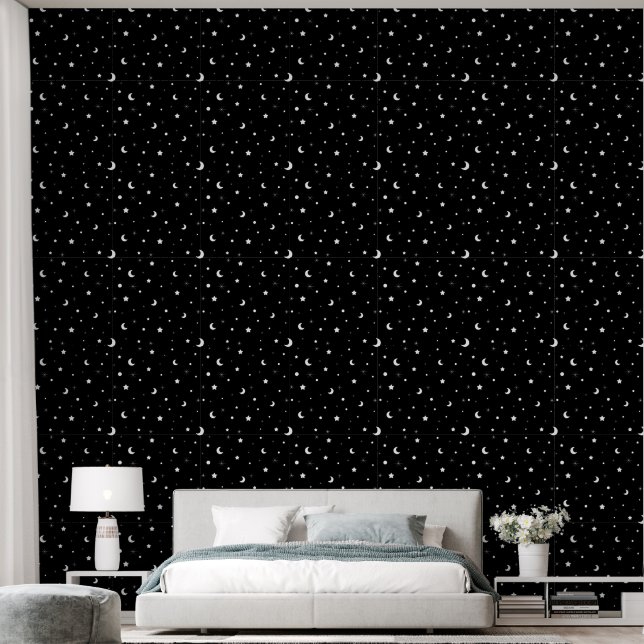 Papel Pintado Lunas y estrellas blancas y negras (Dormitorio)
