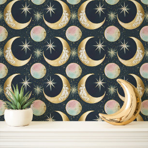 Papel Pintado Lunas y Estrellas Celestiales Doradas