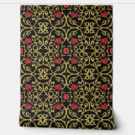 Papel Pintado Luxurious gold leafed red rosette design