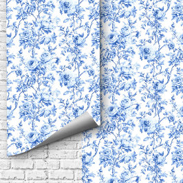 Papel Pintado Luxury Blue French Toile Roses Floral Wallpaper 