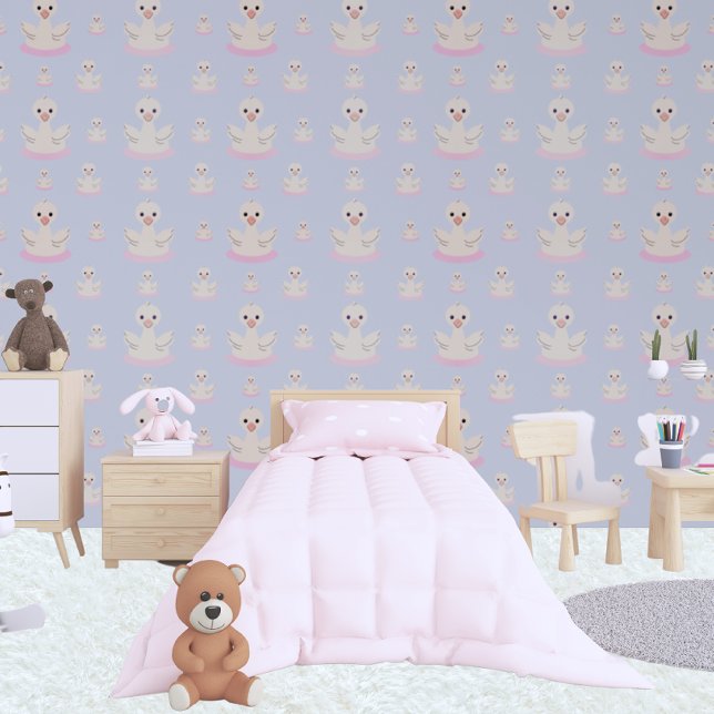 Papel Pintado Madre Cisne Y Cygnets Niños Rosa Azul Y Blanco (Kids Bedroom)