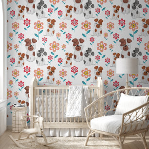 Papel Pintado Madre e hijos perritos lindos, estampado de flores