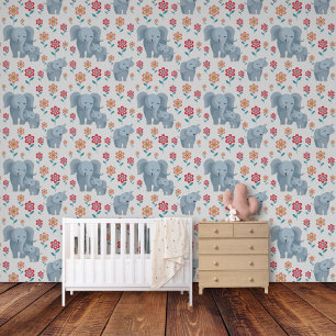 Papel Pintado Madre elefante, cría de flores de bebé