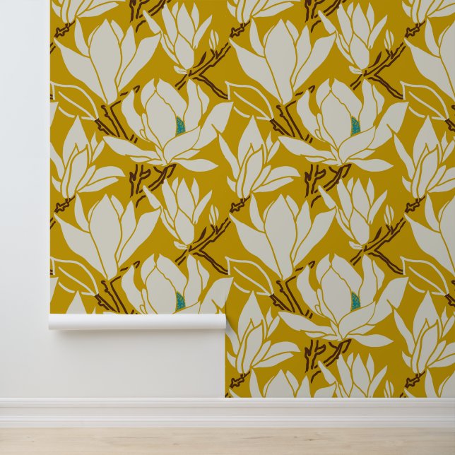 Papel Pintado Magnolia graphic in mustard pattern (Solicitud)