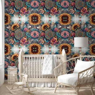 Papel Pintado Majestic Wolf & Boho Sunflowers