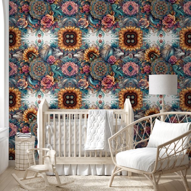 Papel Pintado Majestic Wolf & Boho Sunflowers (Niños)