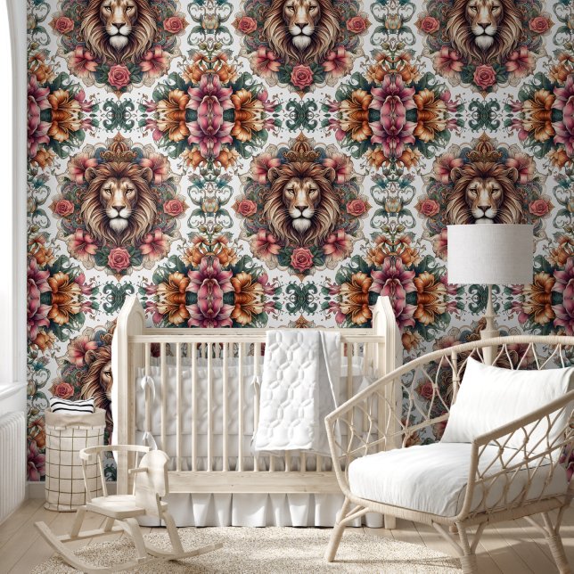 Papel Pintado Majestuosa armonía floral de león y boho (Niños)