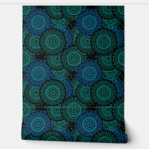 Papel Pintado Mandala redonda azul turquesa sobre fondo negro