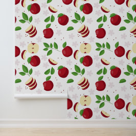 Papel Pintado Manzanas rojas, flores y patrón de vegetación